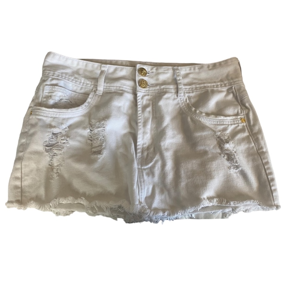 White celebration Lanca perfume Y2K distressed white mini denim skirt size 40